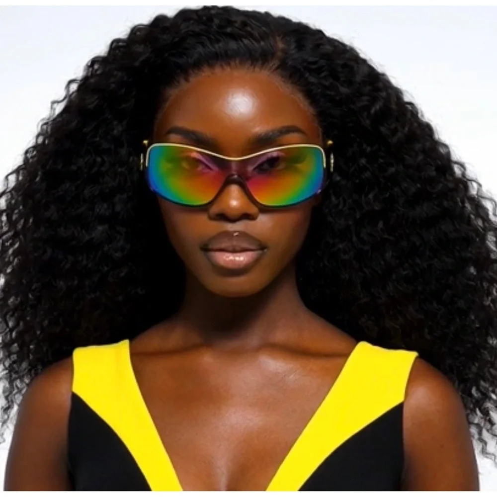 Black and Yellow Shield Sunglasses Mirrored Lens Sporty Racing Wrap Frames Gafas